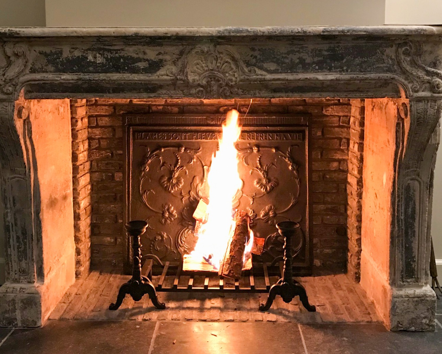 Placa de hierro fundido francesa Phoenix antigua en una chimenea de mármol Luis XV con andirones antiguos y rejilla de chimenea moderna